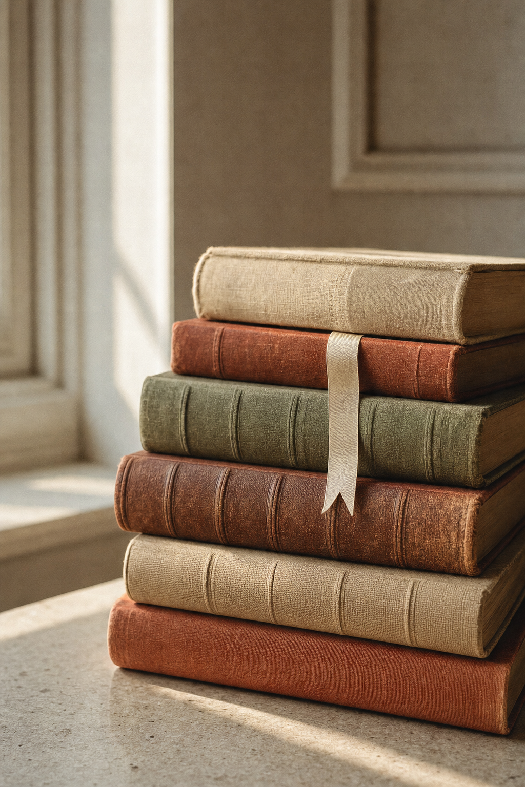 Livres de droit anciens aux couvertures ivoire, terracotta et vert sauge